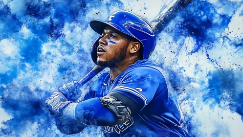 Dynamic blue baseball slugger amid abstract paint clouds.