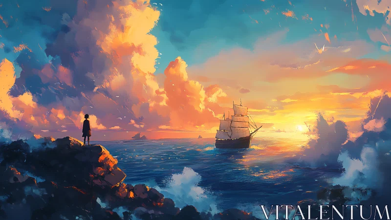 Sunset-illuminated clipper departing turbulent littoral horizon.