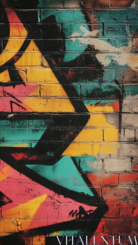 Neon angles collide on weathered brick in urban color static.