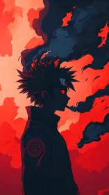 Silhouetted shinobi exhales storm-dark smoke into red skies