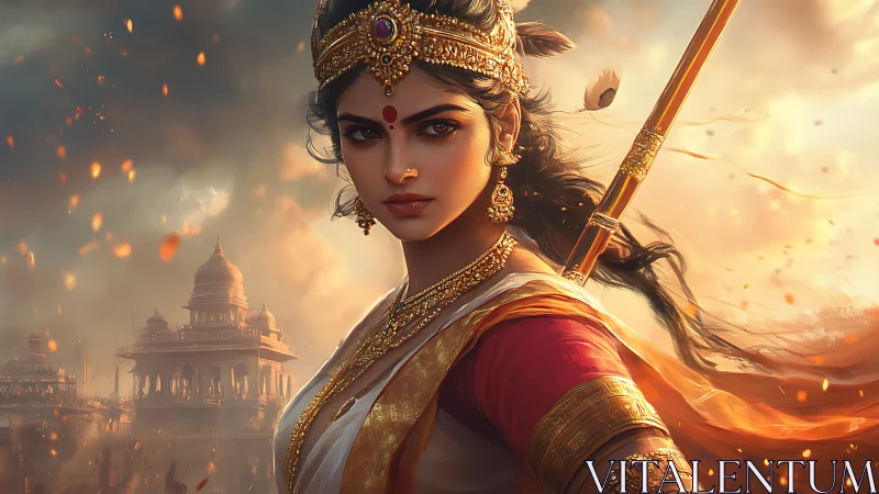 Warrior queen in blazing temple skyline, cinematic focus.