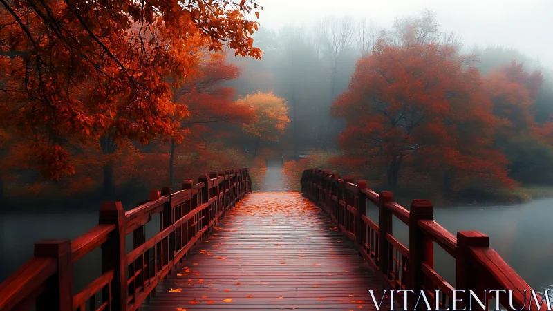 Symmetrical red wooden bridge leads into foggy autumn forest