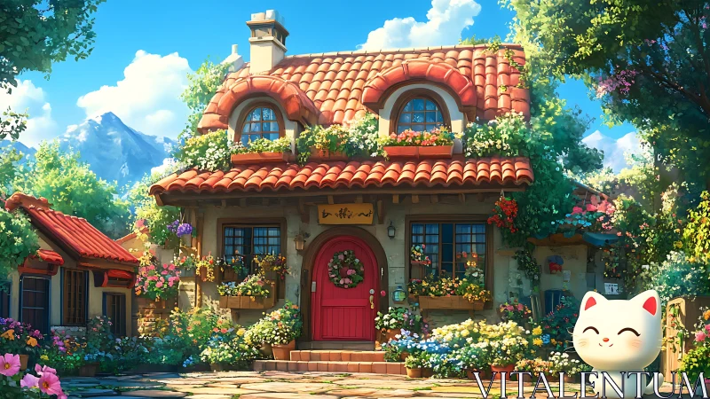 Sunlit cottage blooms and lucky cat in storybook garden.