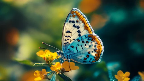 Gentle blue butterfly rests softly on glowing yellow blooms