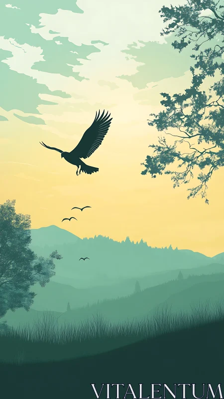 Soaring eagle silhouettes glide above misty green hills.