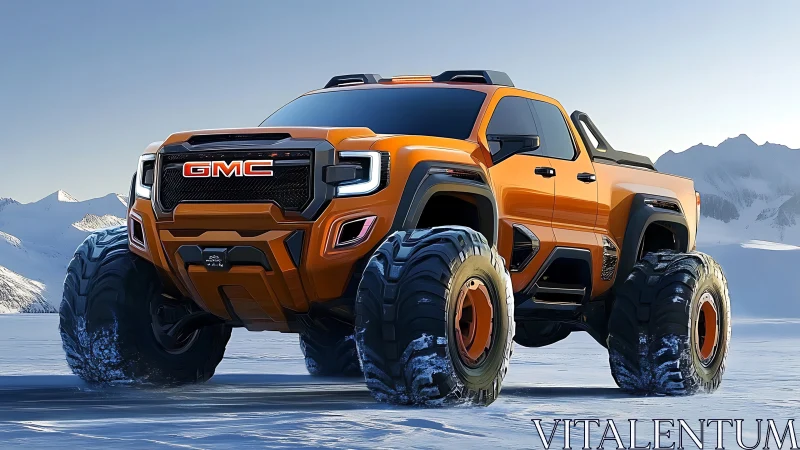 GMC orange Arctic off-road truck with oversized snow tires.