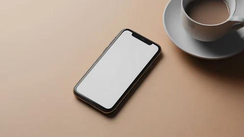 Modern Smartphone with Blank Display and Espresso Cup on Warm Beige Surface