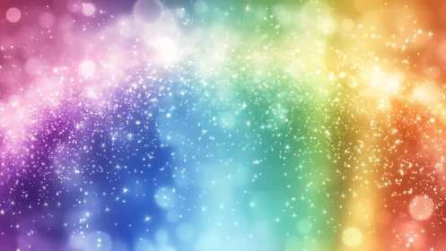 Iridescent rainbow bokeh field with luminous star particles.