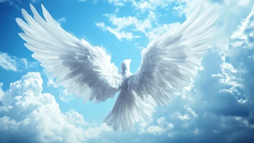 Winged humanoid silhouette in bright clouded sky scene.