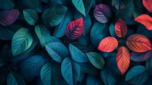 Color drenched foliage glows with vivid teal and crimson contrast