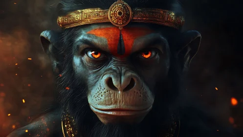 Fiery eyed warrior monkey gazes forward with calm power