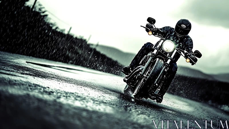 Motorcyclist cornering on wet asphalt under heavy rainfall