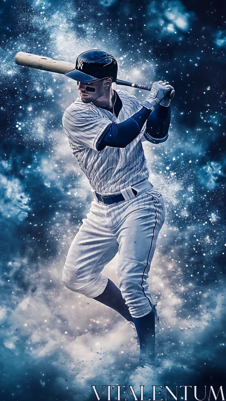 Astral slugger in pinstripes amid particle-cloud cosmos.