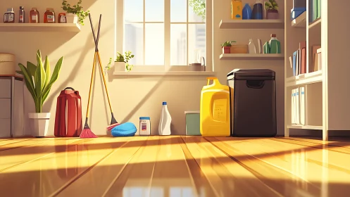 Sunlit utility room with organized cleaning implements and bins.