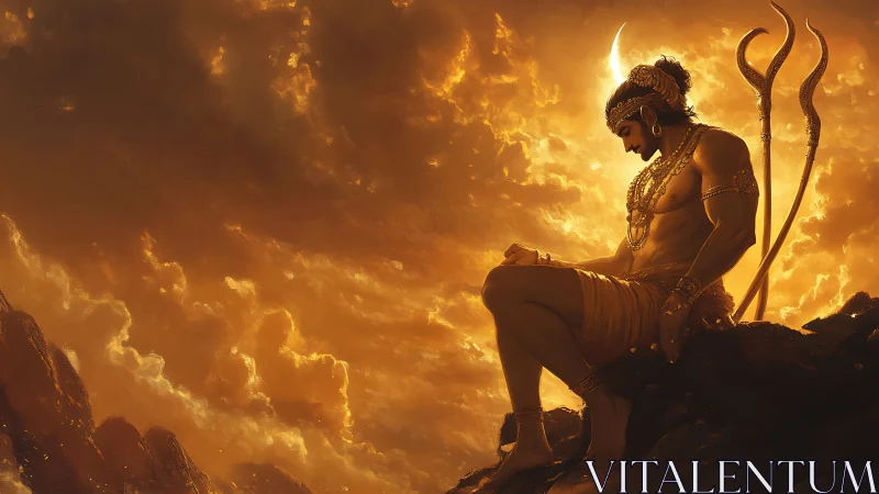 Backlit warrior deity silhouette framed by volumetric sunset clouds