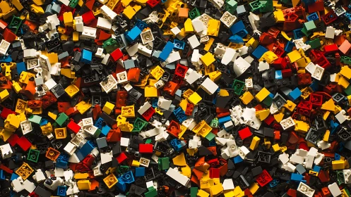 Loose plastic building bricks fill frame in dense random pile