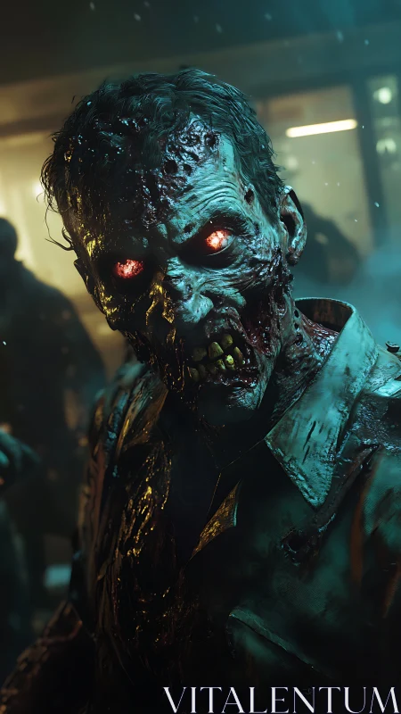 Cinematic 3D close-up of glowing-eyed urban zombie portrait.