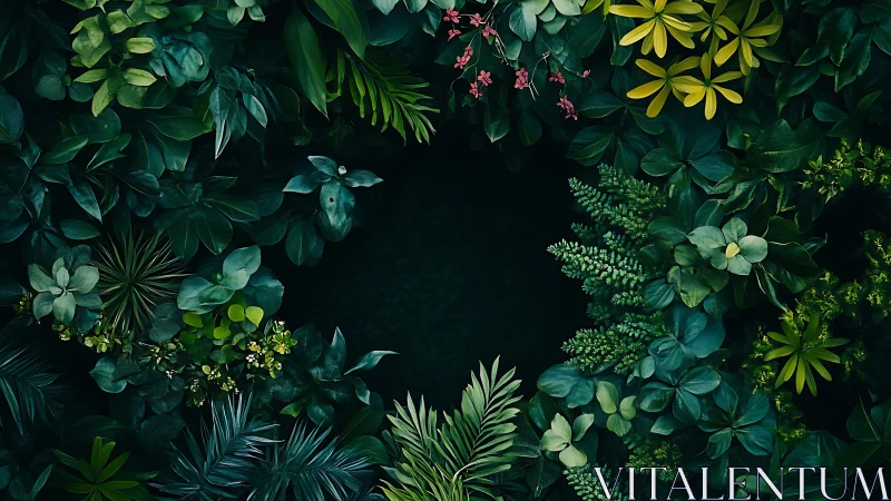 Lush tropical foliage frames deep shadowed central void.