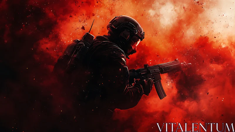 Armored soldier advances through explosive crimson smoke haze