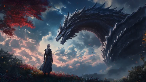 Solitary warrior confronting colossal twilight sky dragon