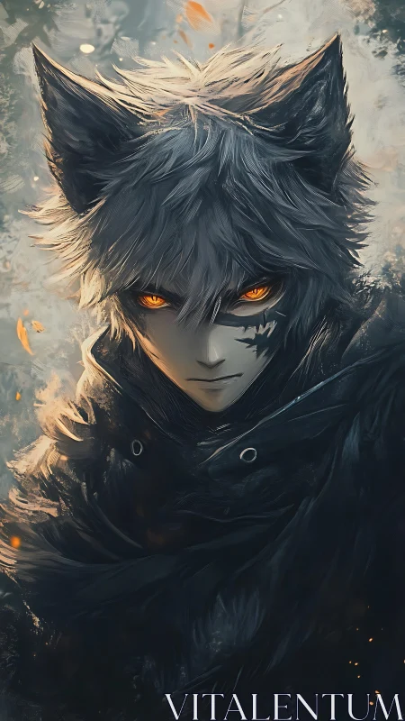 Wolf-eared warrior with burning amber eyes in storm.