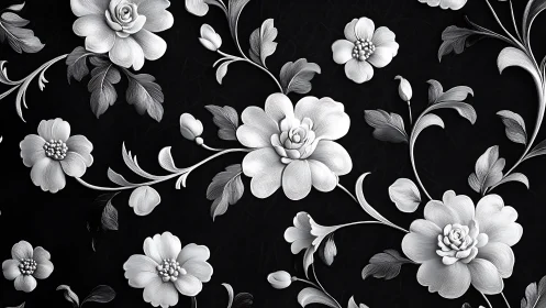 Monochrome floral relief pattern displays stylized blossoms