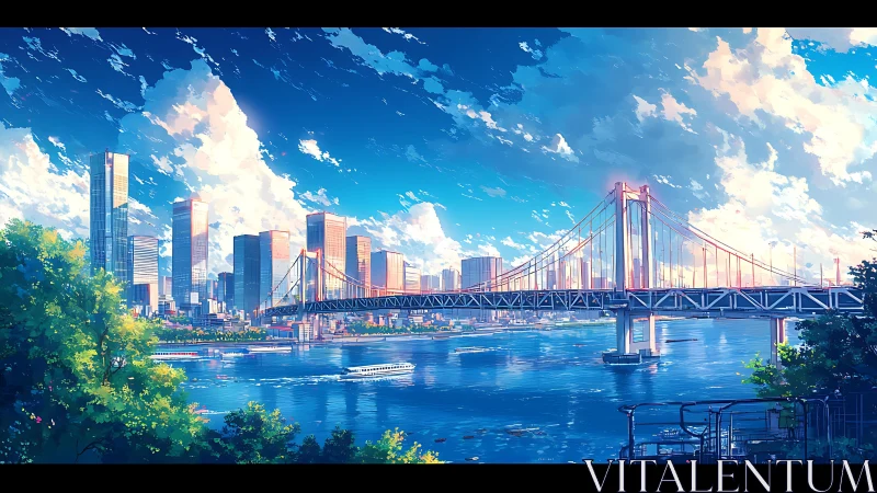 High-chroma river cityscape with suspension bridge under cumulus sky
