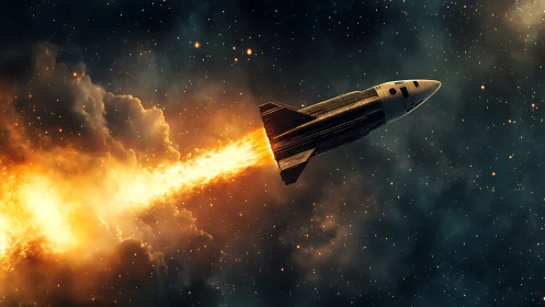 Photoreal rocket cuts through nebula with blazing exhaust plume.