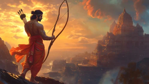 Archer deity overlooks stepped temple complex in volumetric sunset