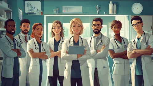 Confident diverse medical team stands united in bright clinic.