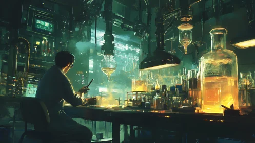 Curious scientist bathed in golden lab light at midnight.