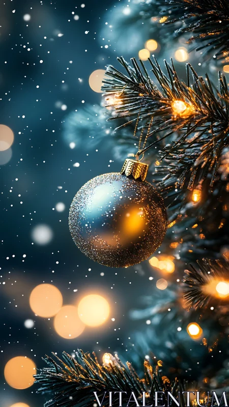 Silver bauble on evergreen tree with golden holiday bokeh.