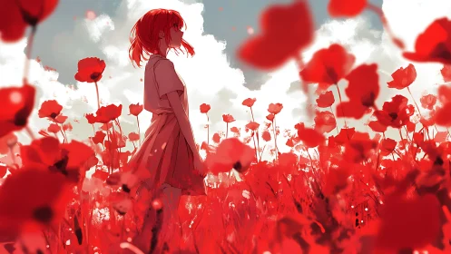 Red-haired girl in stylized poppy field under bright sky.