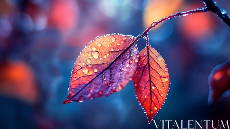 Macro study of dew-covered crimson leaves in bokeh glow.