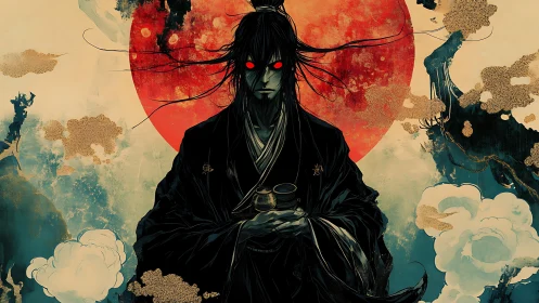 Dark robed figure before red sun in stylized fantasy scene.