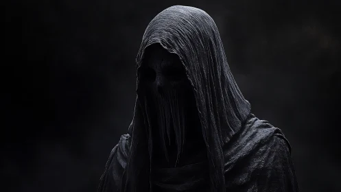Hooded robed figure with obscured skeletal face in darkness