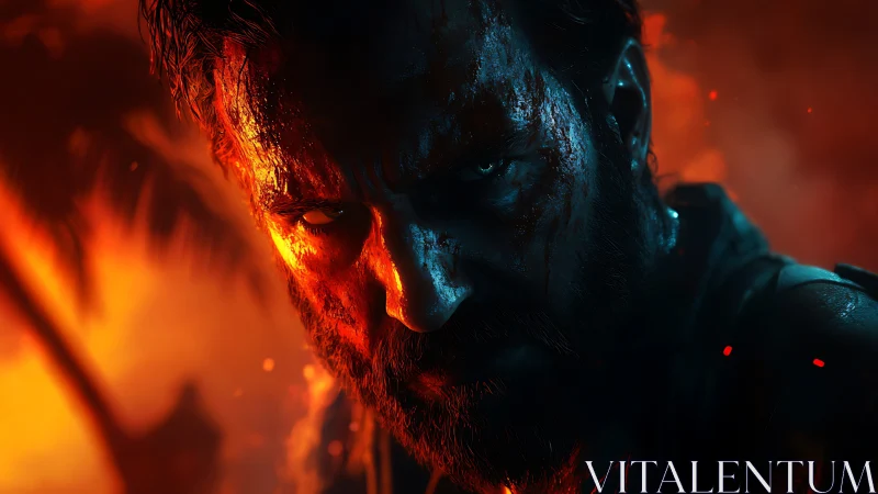 Firelit warrior narrows his gaze as embers script revenge