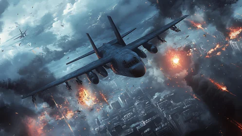 Rugged military aircraft powers through a storm of explosions