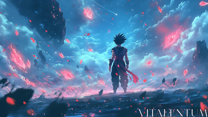 Lone anime warrior confronts a storm of burning skies