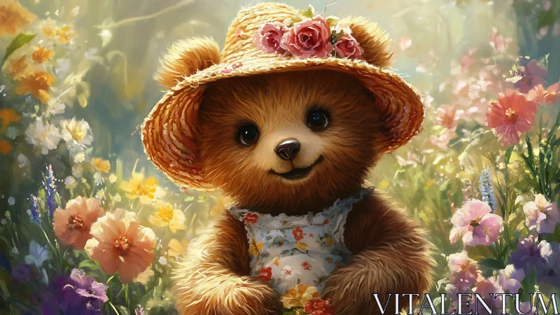 Floral teddy bear portrait in sunlit impressionist garden.