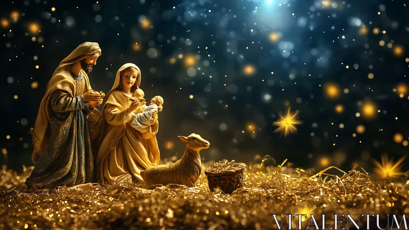 Nativity figurine set in straw with illuminated night backdrop.