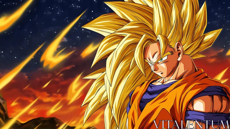 Golden-haired warrior ignites the sky in blazing resolve.