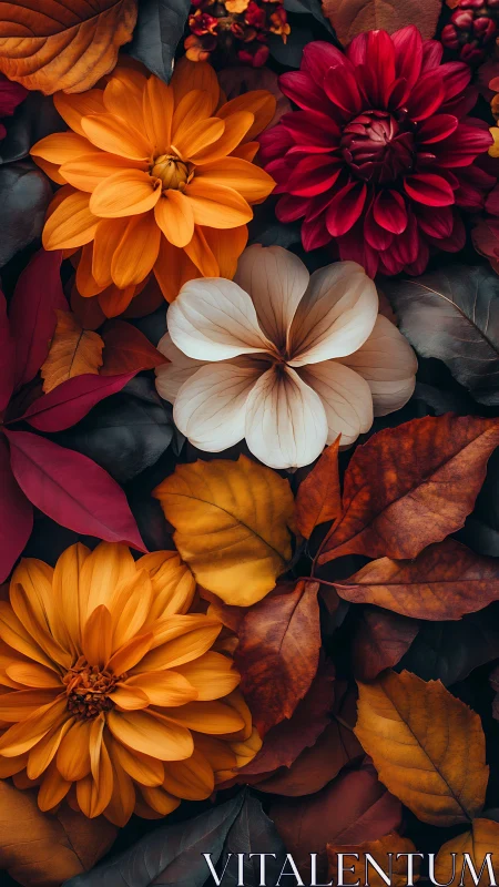 Chromatic Floral Composition: Layered Dahlias and Autumn Foliage.