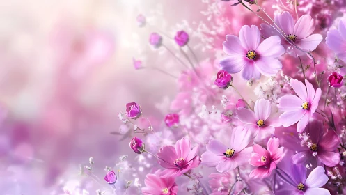 Pink cosmos flowers bloom in soft focus garden gradient