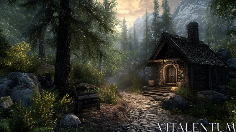 Sunlit forest path curling toward a quiet stone cabin hideout.