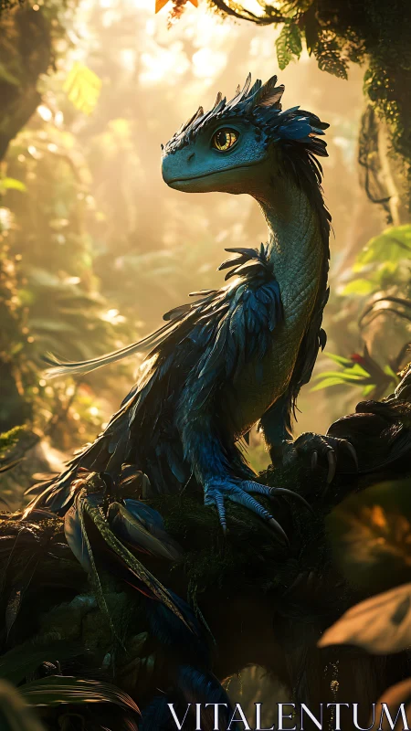 Jungle hatchling dragon resting in sun-drenched emerald hush.