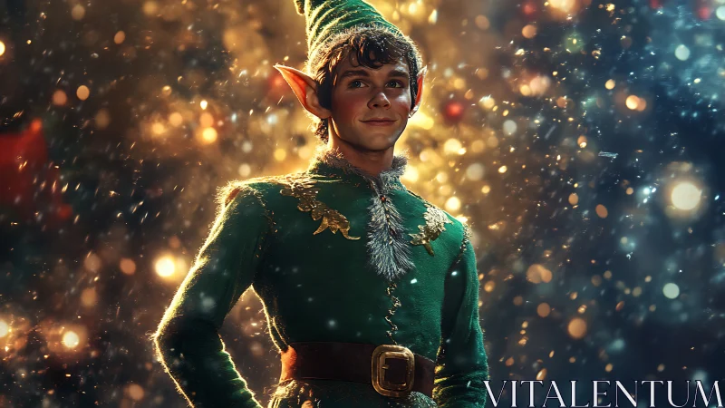Confident Christmas elf smiles amid glowing festive lights