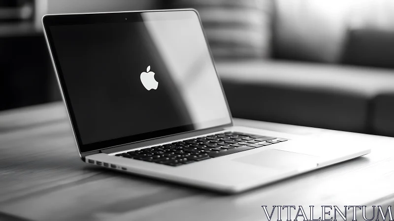 Sleek laptop on wooden table in softly lit workspace.