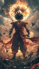 Powerful anime fighter stands amid fiery sky explosion