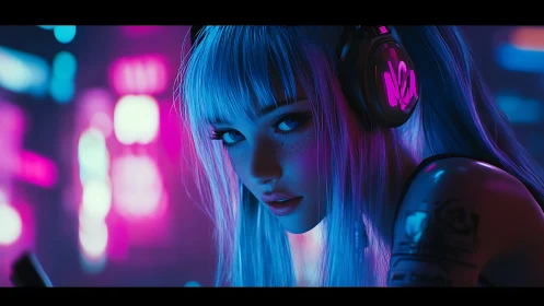 Neon-lit cyber DJ portrait with magenta blue bokeh glow.